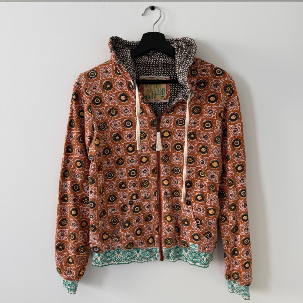 Billabong Reversible Zip Up Hoodie Orange Mandala Brown Floral Cotton Large